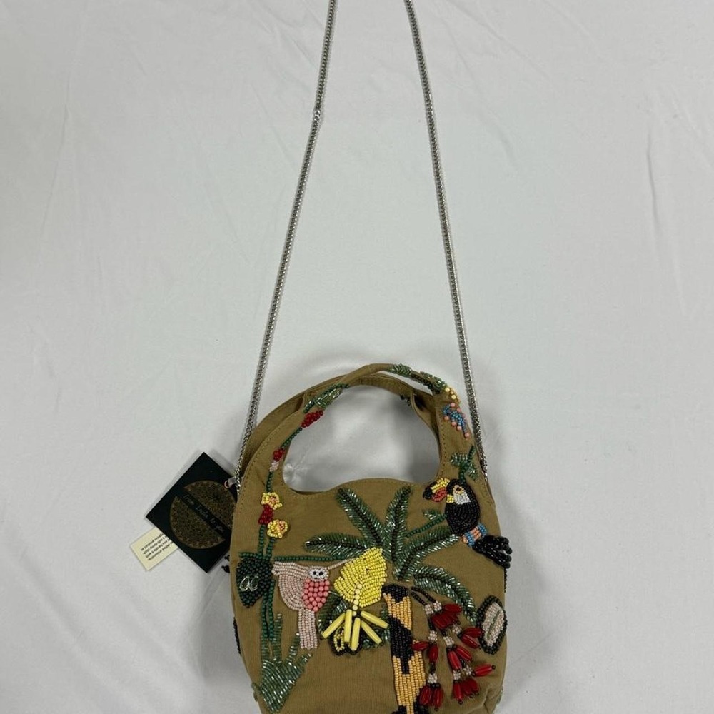 Zara Beaded Tropical Palm Tree Toucan Floral Purse Khaki Crossbody Bag NEW